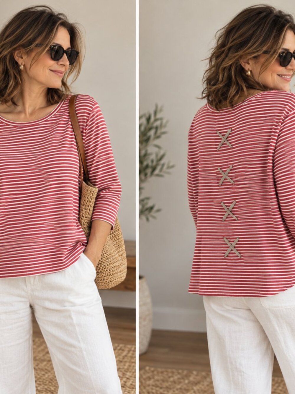 Tribal Red White Striped Cotton Top XXL Lace Up Back 3/4 Sleeves PTP24